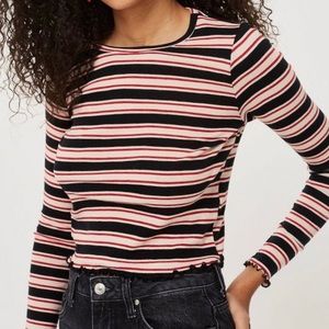 Topshop Striped Lettuce Hem Long Sleeve Crop Top